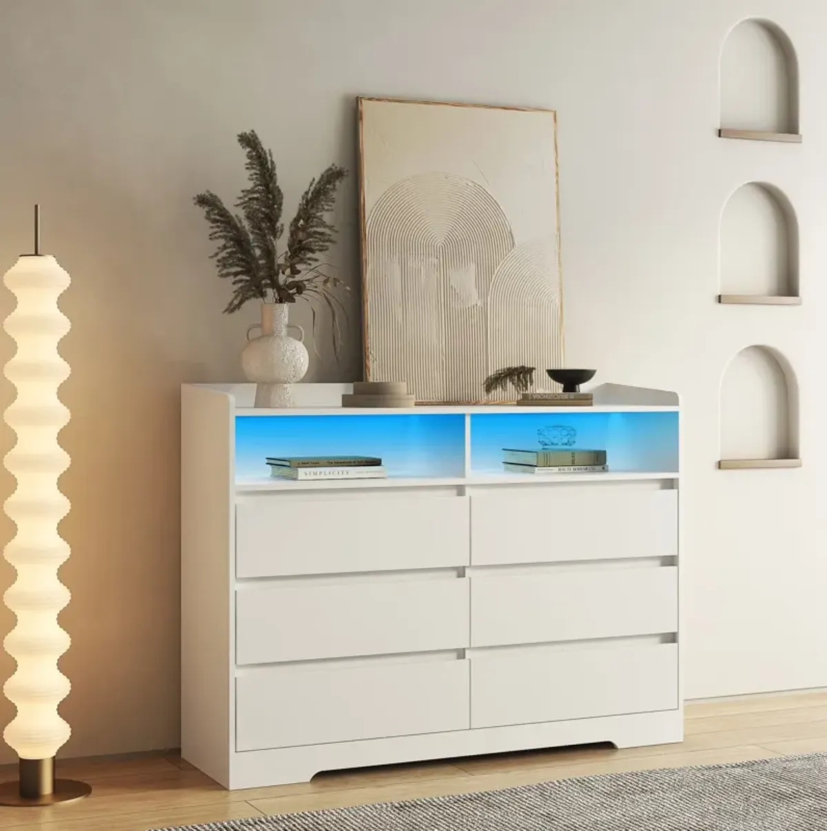 6 Drawer Dresser For Bedroom With LED Lights, Sturdy Frame - White