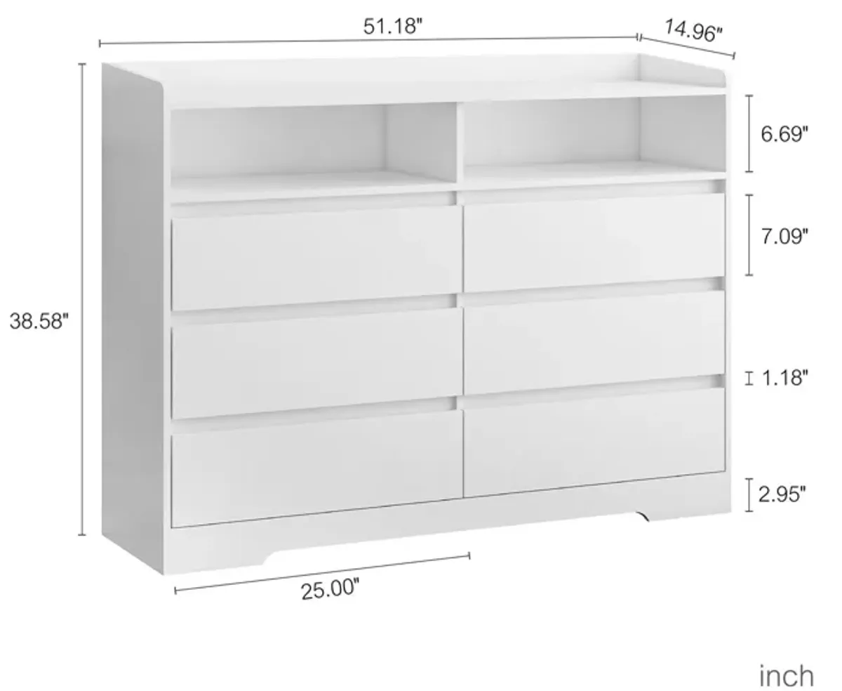 6 Drawer Dresser For Bedroom With LED Lights, Sturdy Frame - White