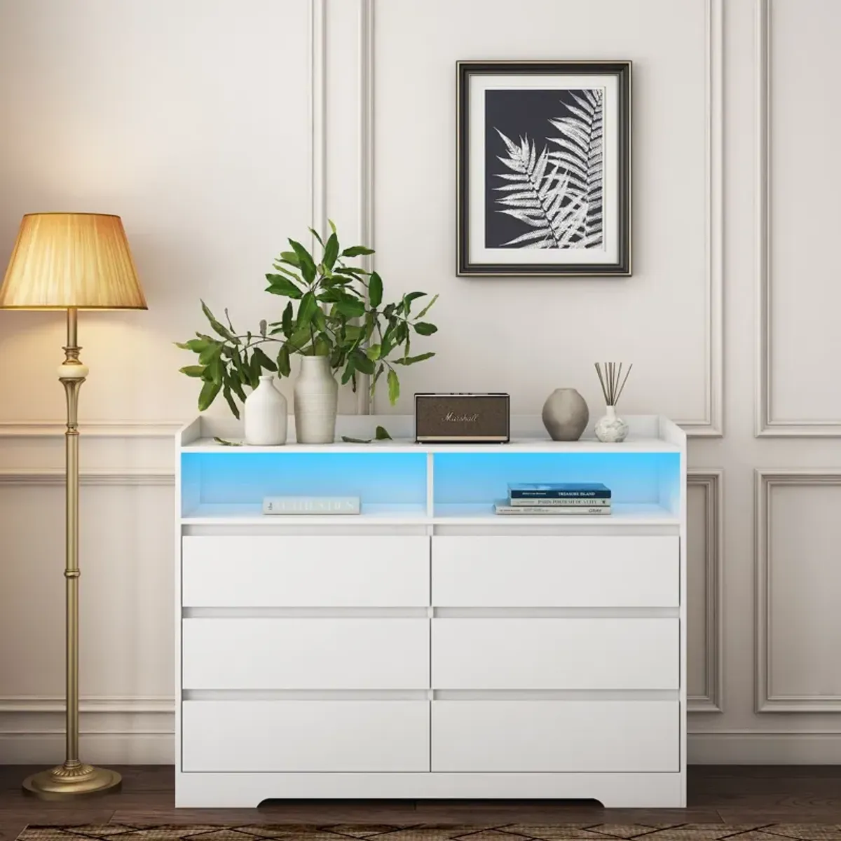 6 Drawer Dresser For Bedroom With LED Lights, Sturdy Frame - White