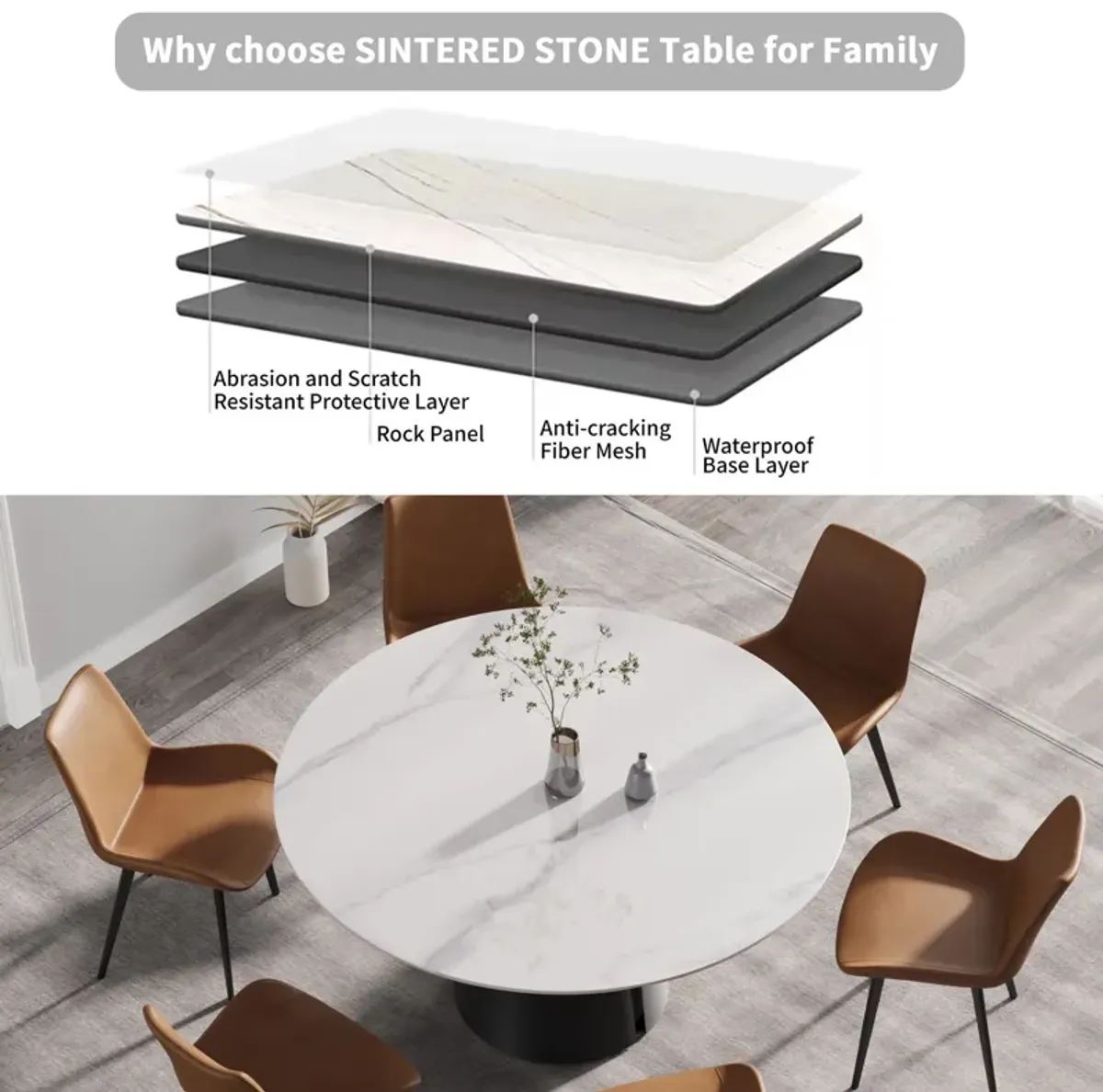 59.05" Modern Artificial Stone Round Carbon Steel Base Dining Table - White / Black