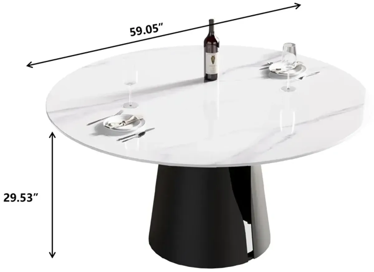 59.05" Modern Artificial Stone Round Carbon Steel Base Dining Table - White / Black