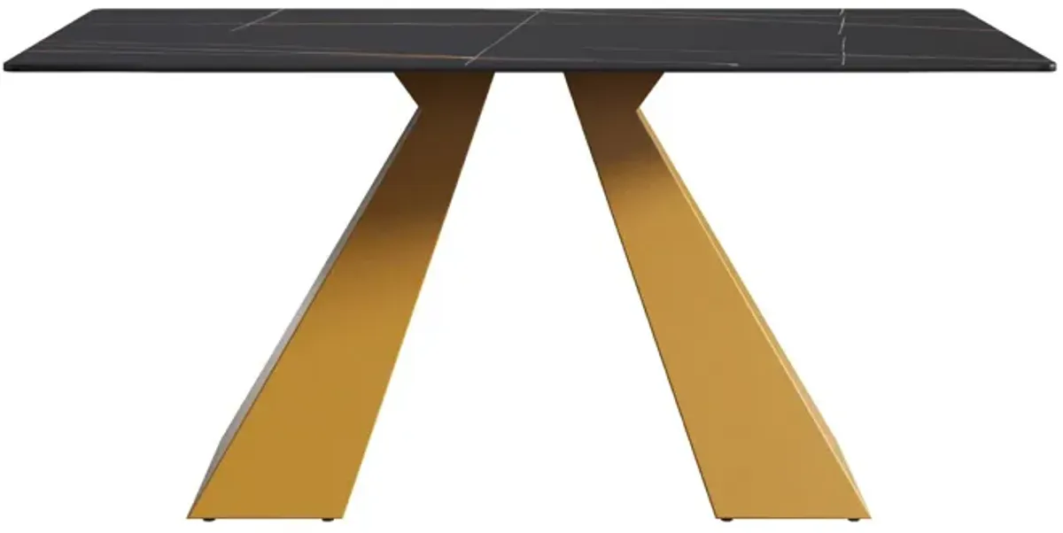 63" Modern Artificial Stone Black Straight Edge Golden Metal Leg Dining Table, 6 People - Black / Gold