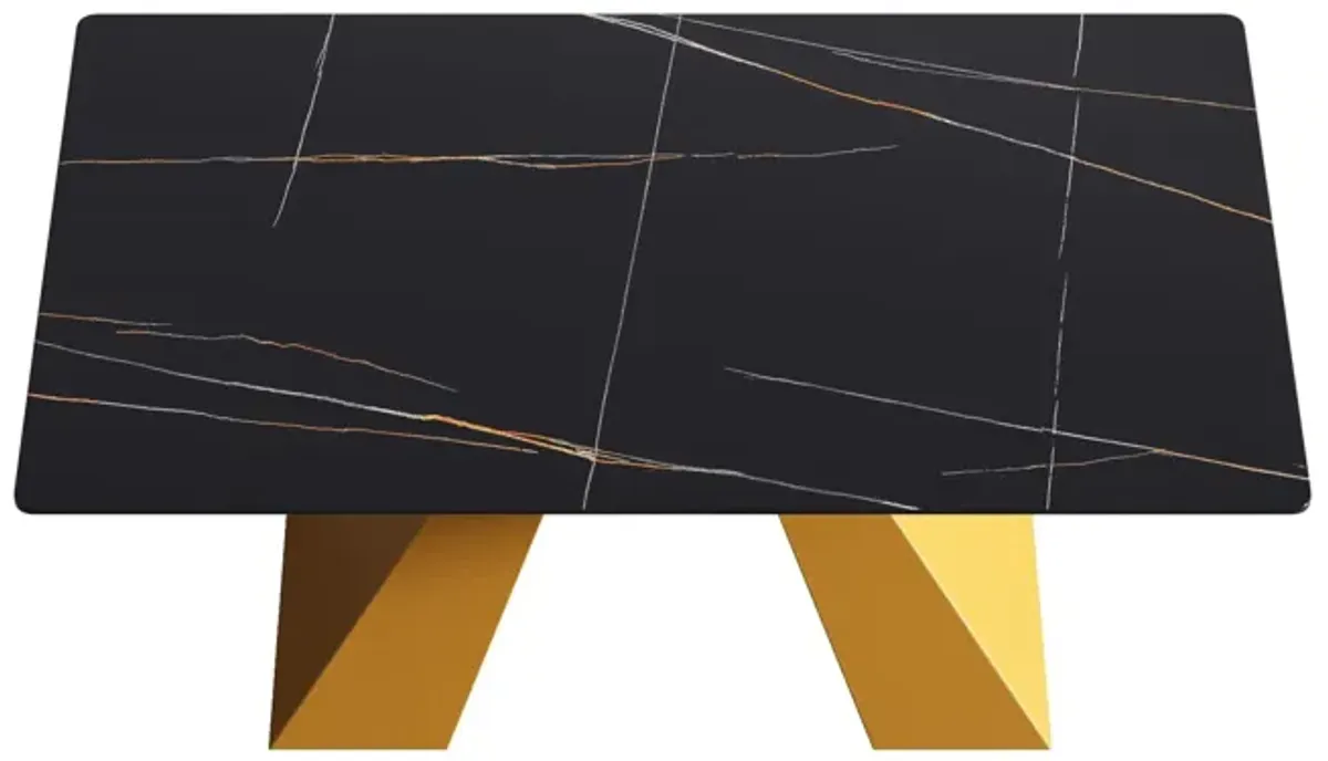 63" Modern Artificial Stone Black Straight Edge Golden Metal Leg Dining Table, 6 People - Black / Gold