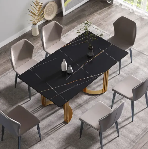 63" Modern Artificial Stone Black Straight Edge Golden Metal Leg Dining Table, 6 People - Black