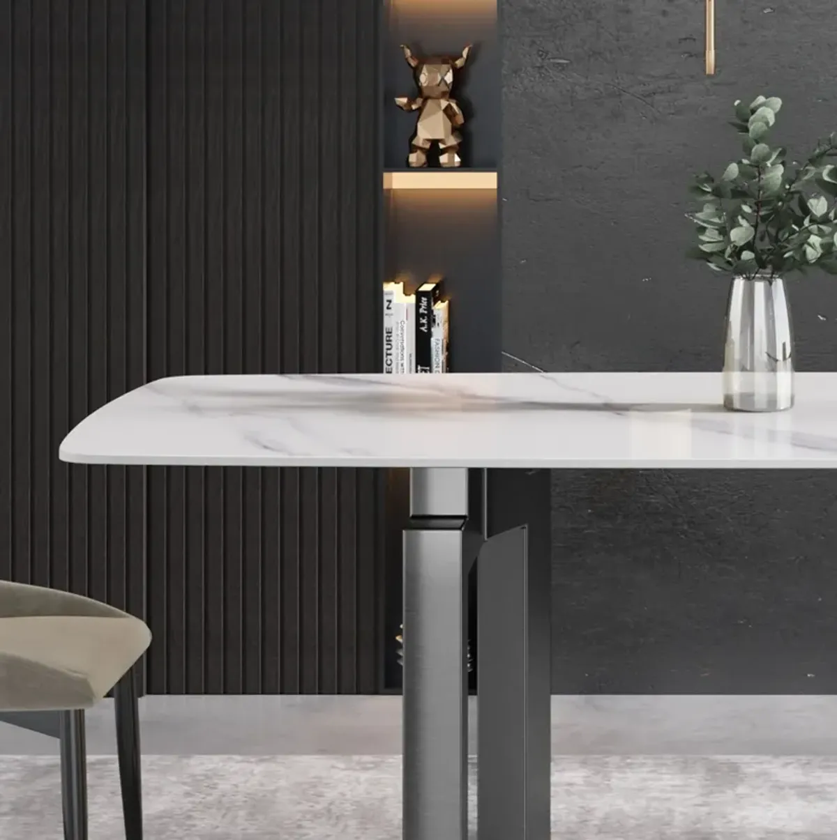 70.87" Modern Artificial Stone White Curved Black Metal Leg Dining Table - White / Black