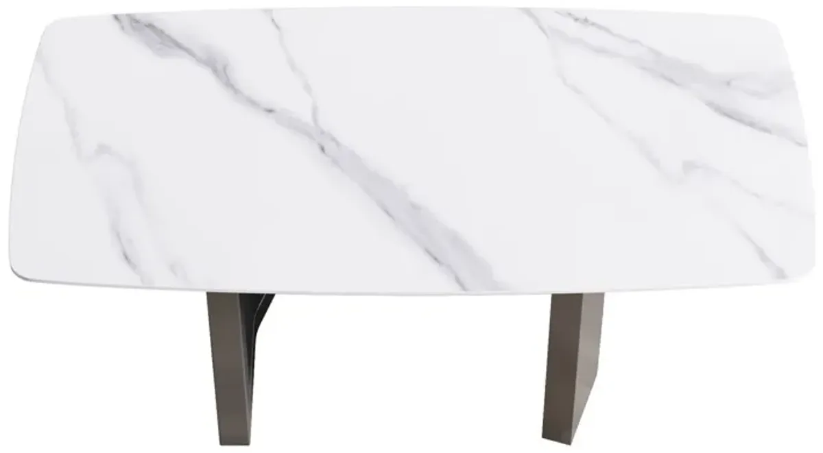 70.87" Modern Artificial Stone White Curved Black Metal Leg Dining Table - White / Black