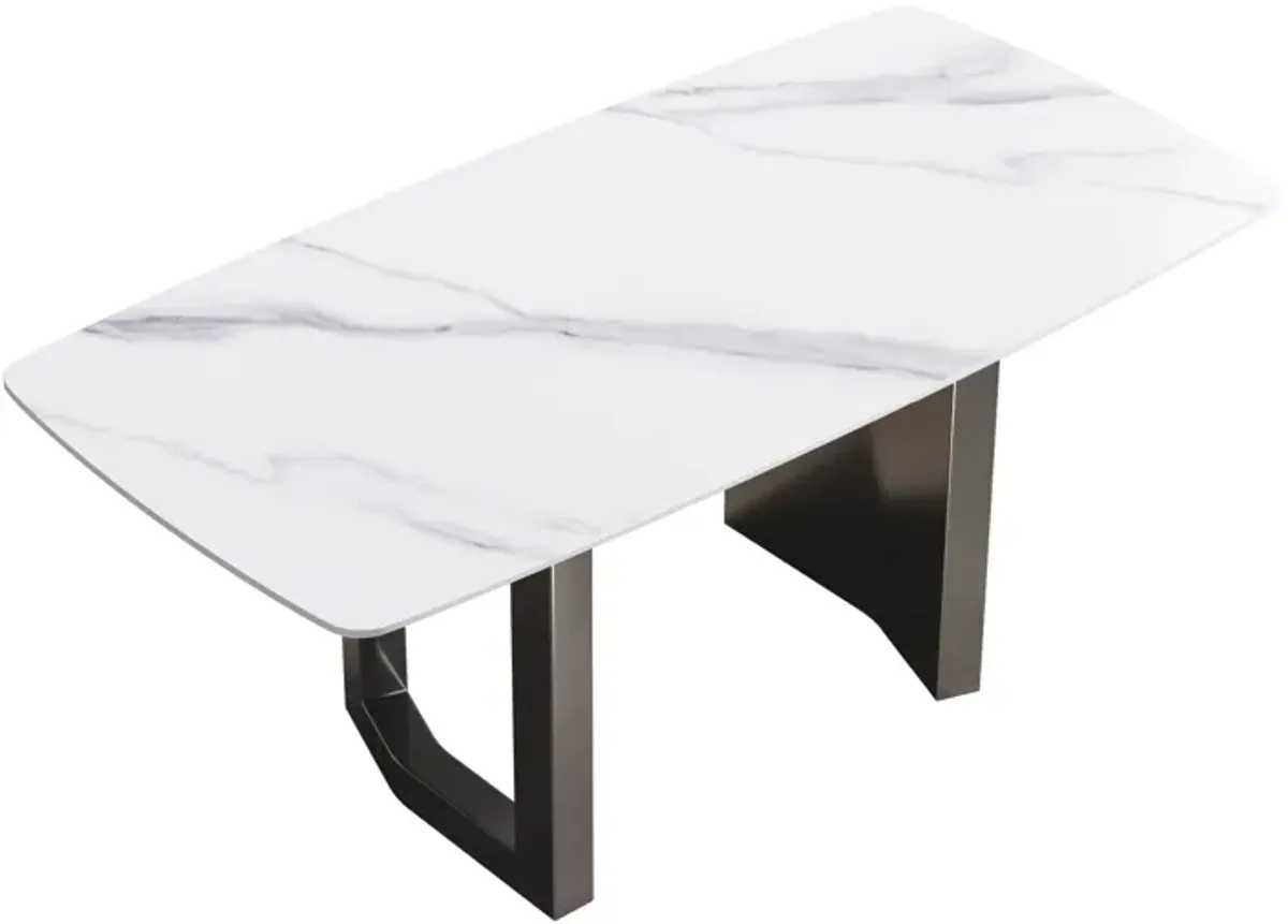 70.87" Modern Artificial Stone White Curved Black Metal Leg Dining Table - White / Black