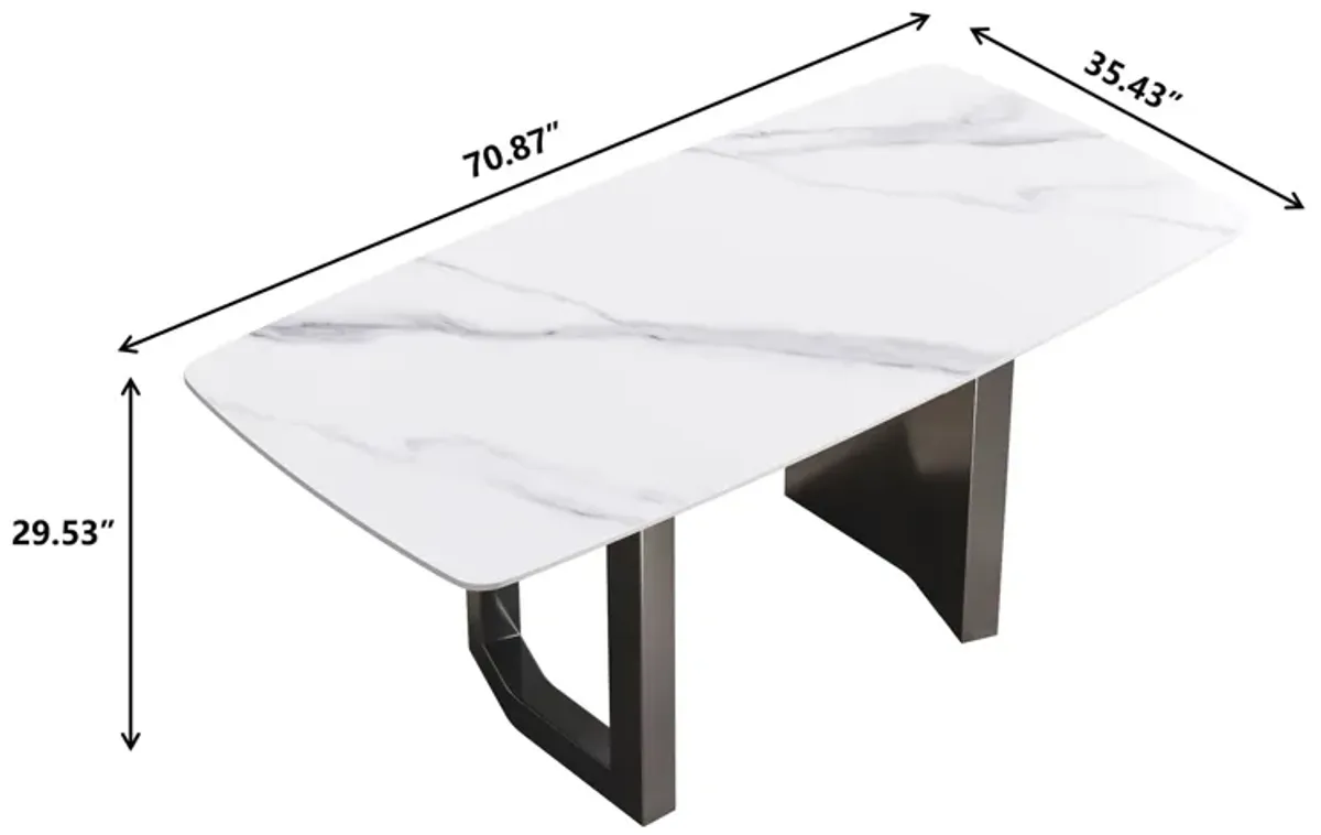 70.87" Modern Artificial Stone White Curved Black Metal Leg Dining Table - White / Black