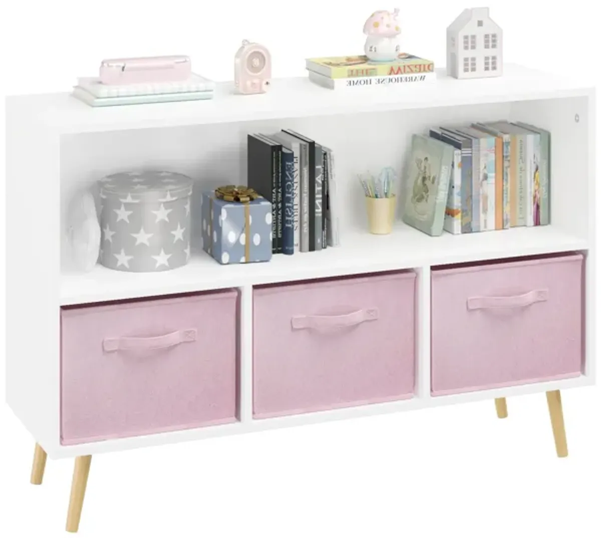 Kids Bookcase With Collapsible Fabric Drawers, Children's Book Display, Toy Storage Cabinet Organizer - White / Pink