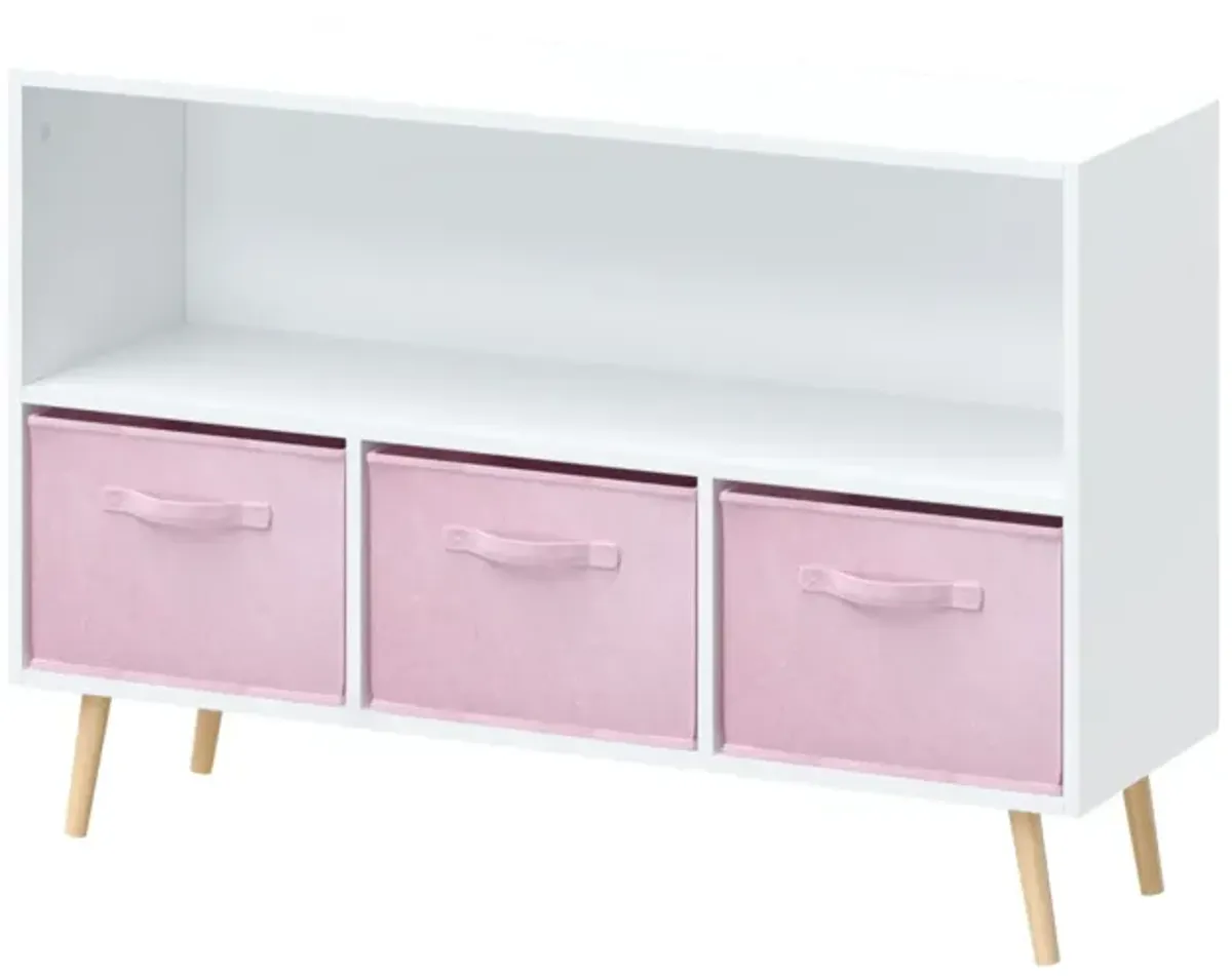 Kids Bookcase With Collapsible Fabric Drawers, Children's Book Display, Toy Storage Cabinet Organizer - White / Pink