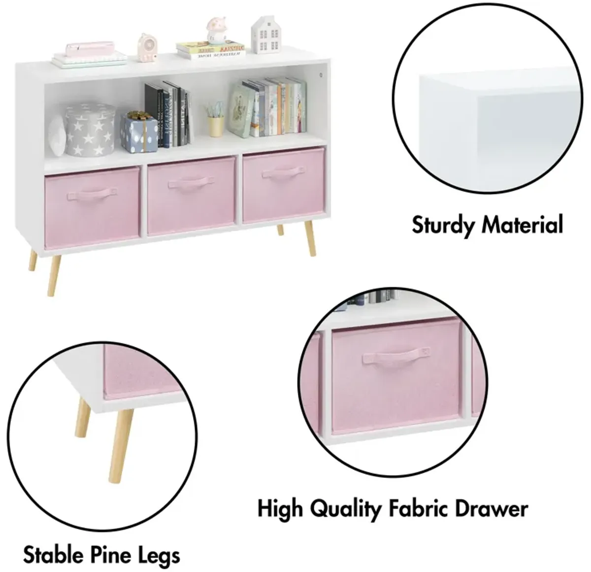 Kids Bookcase With Collapsible Fabric Drawers, Children's Book Display, Toy Storage Cabinet Organizer - White / Pink