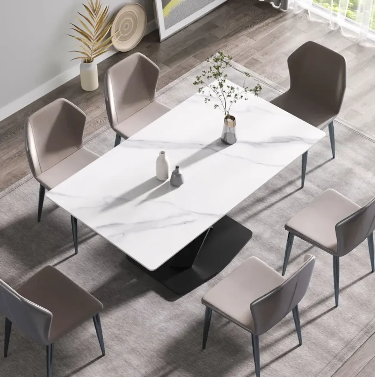 63" Modern Artificial Stone Straight Edge Metal X-Leg Dining Table, 6 People - White / Black