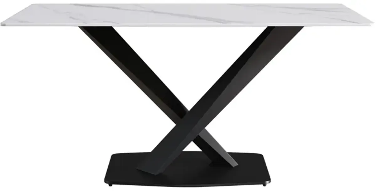 63" Modern Artificial Stone Straight Edge Metal X-Leg Dining Table, 6 People - White / Black