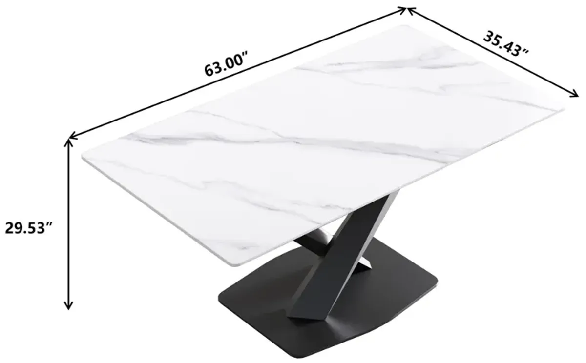 63" Modern Artificial Stone Straight Edge Metal X-Leg Dining Table, 6 People - White / Black