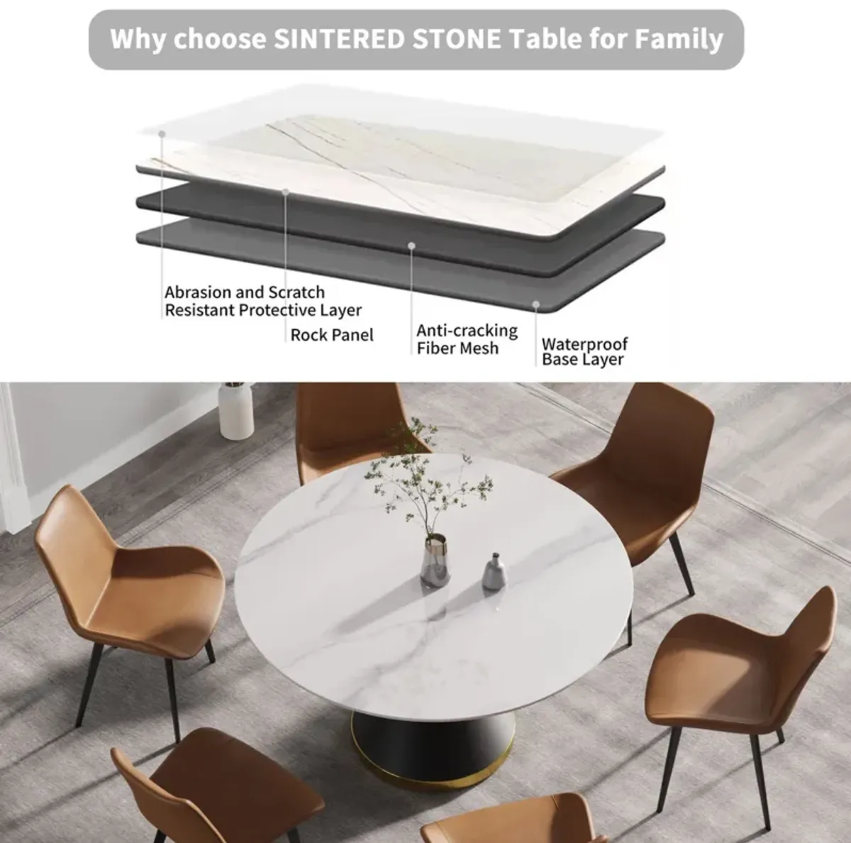 Modern Artificial Stone Round Carbon Steel Base Dining Table, Can Accommodate 6 People