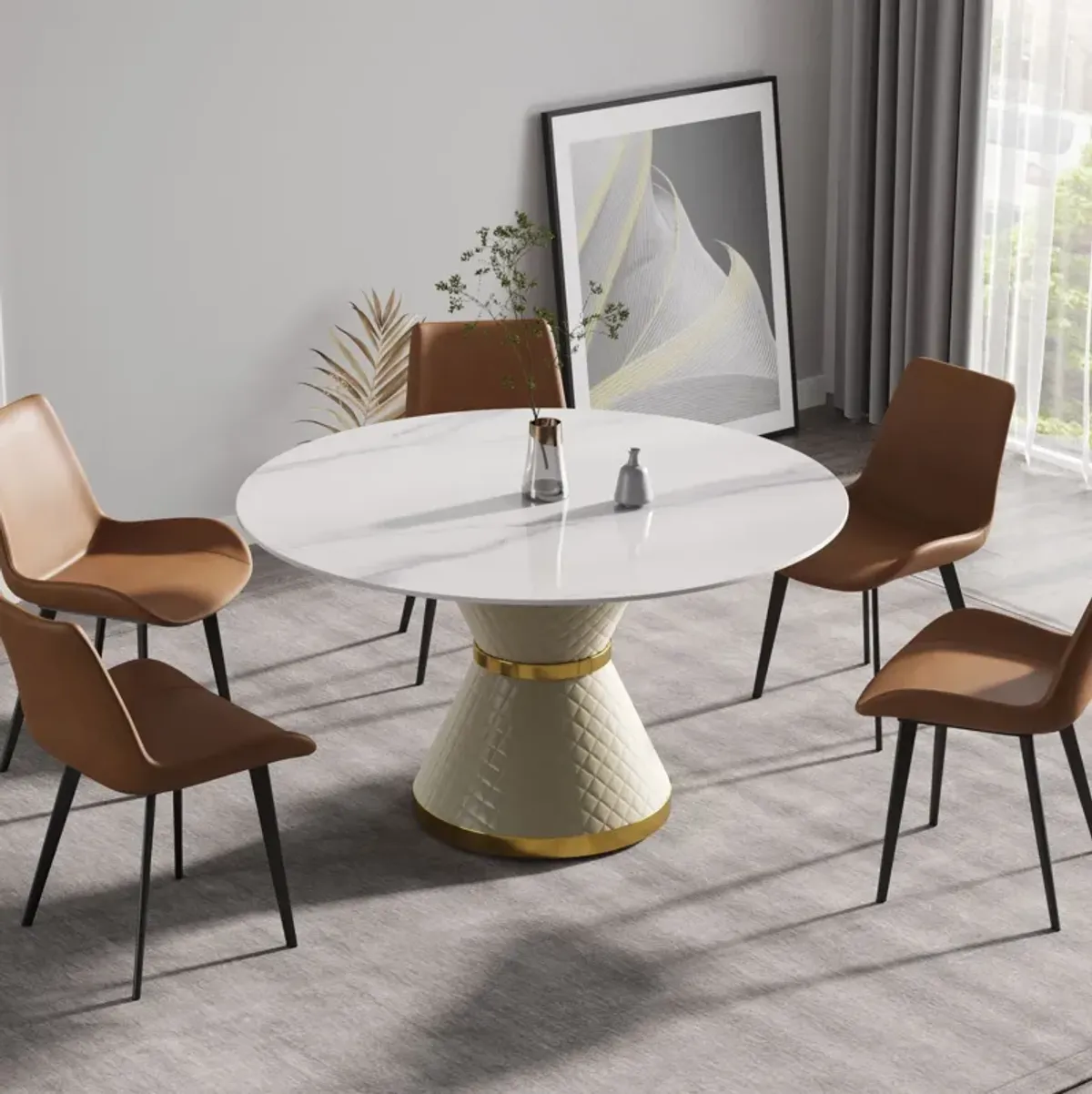 Modern Artificial Stone Round Carbon Steel Base Dining Table, Can Accommodate 6 People