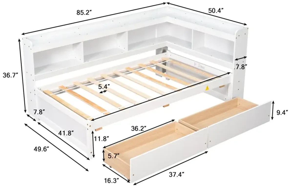 Twin Bed With L-Shaped Bookcases, Drawers