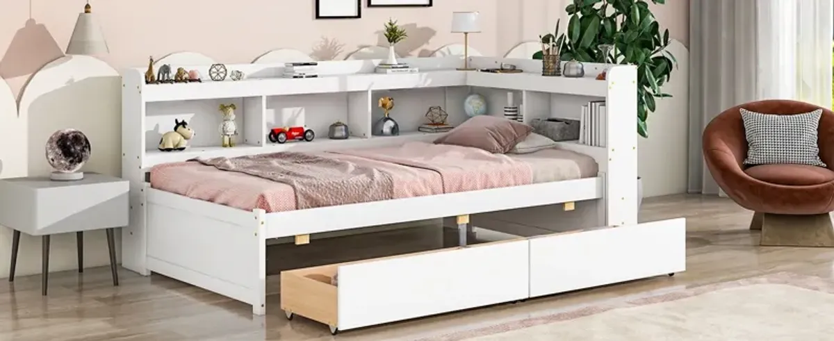 Twin Bed With L-Shaped Bookcases, Drawers