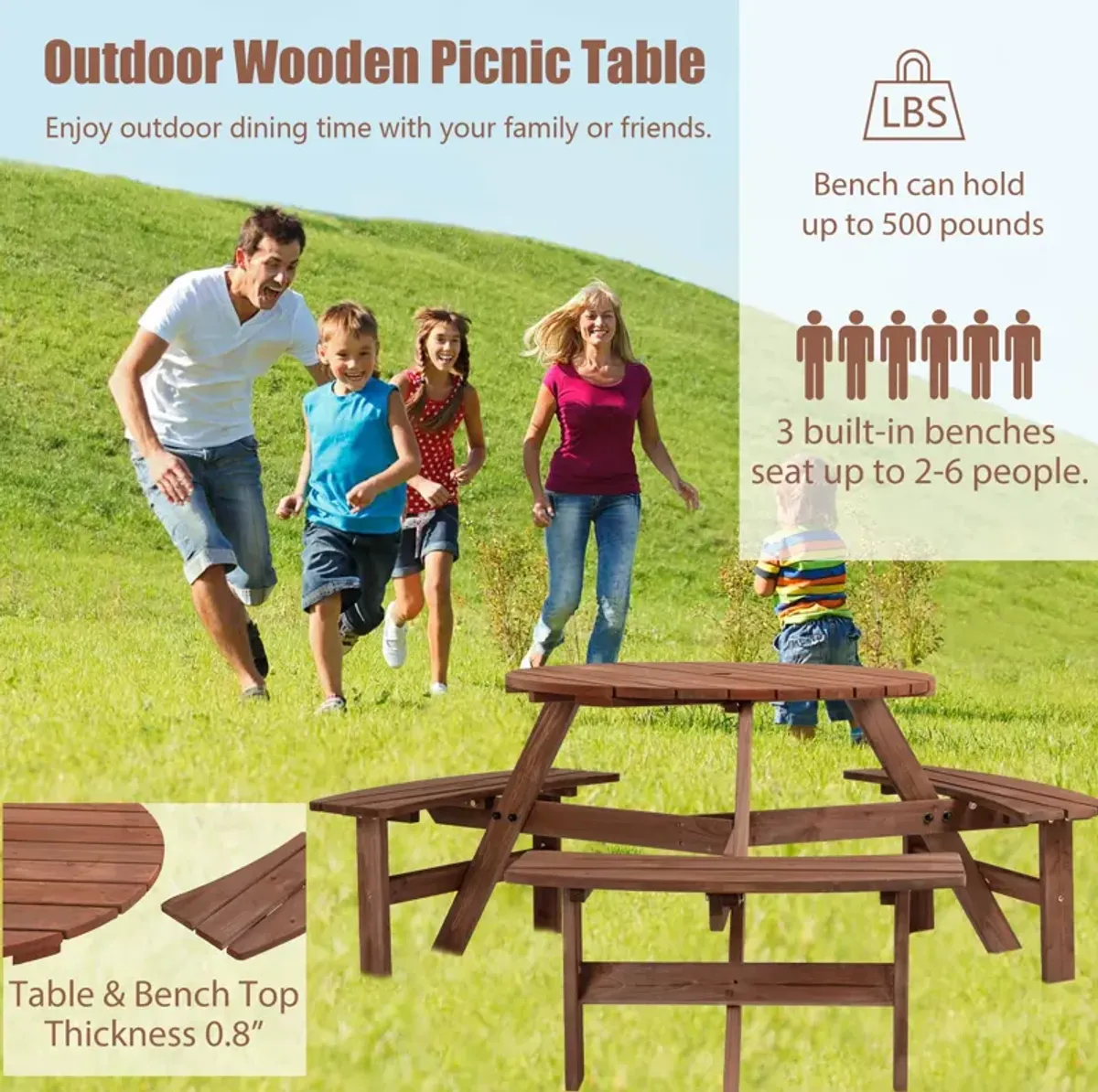 6 Person Circular Outdoor Wooden Picnic Table For Patio, Backyard, Garden, Diy With 3 Built-In Benches, 1720Lb Capacity