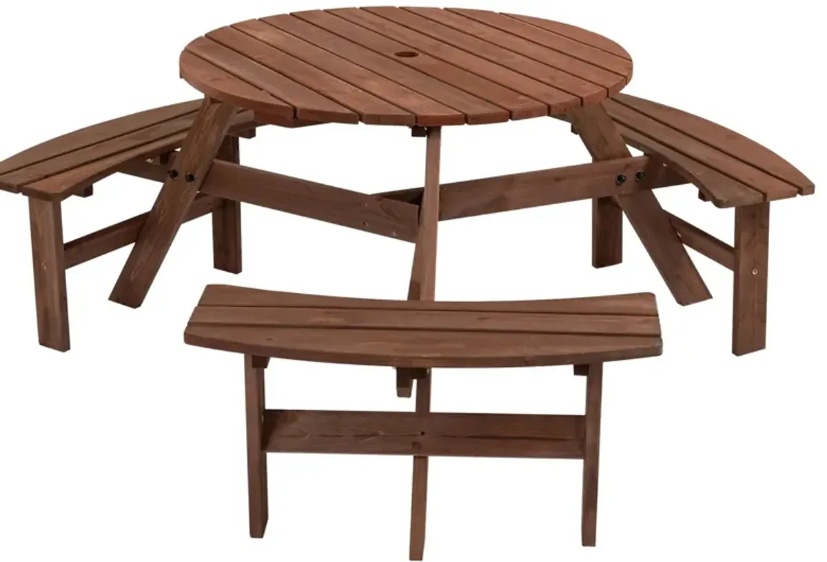 6 Person Circular Outdoor Wooden Picnic Table For Patio, Backyard, Garden, Diy With 3 Built-In Benches, 1720Lb Capacity