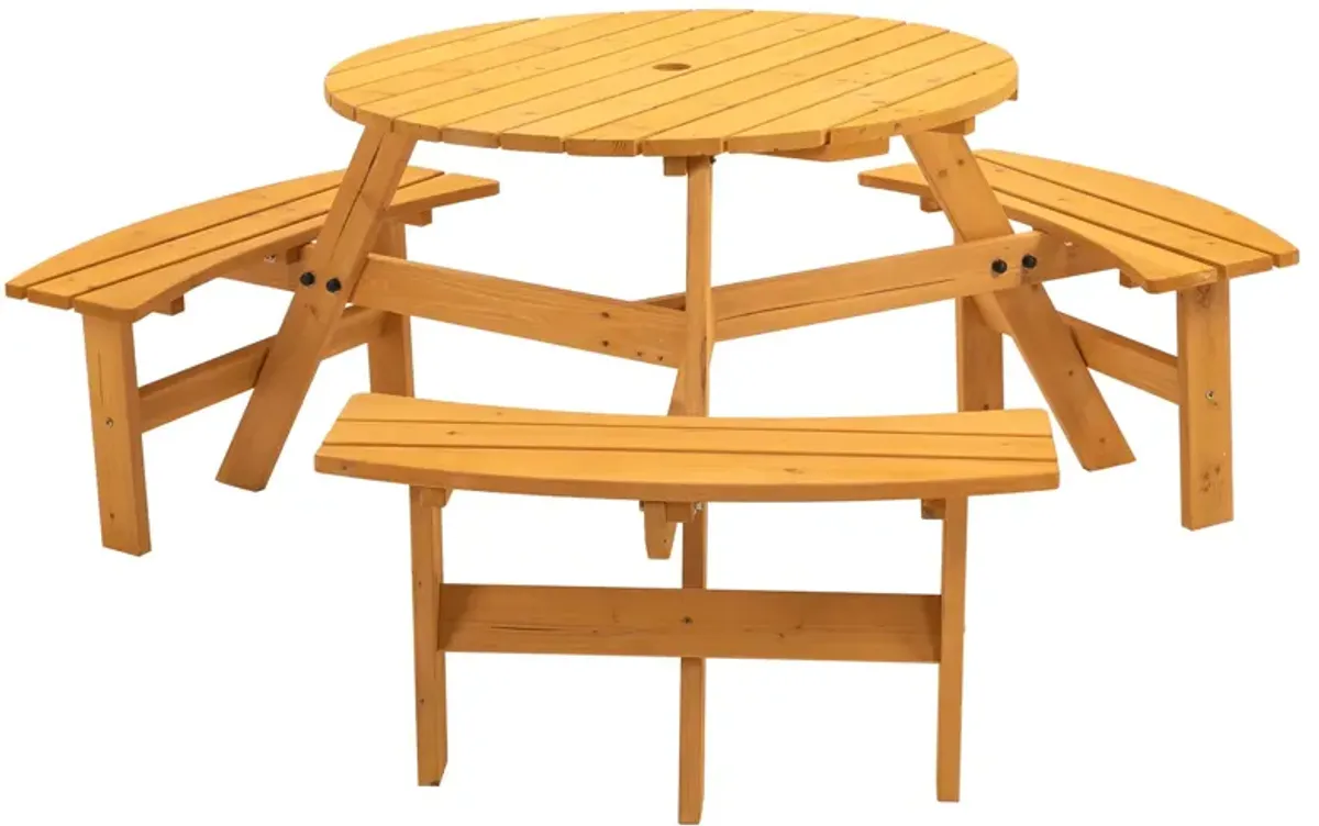 6 Person Circular Outdoor Wooden Picnic Table For Patio, Backyard, Garden, Diy With 3 Built-In Benches, 1720Lb Capacity