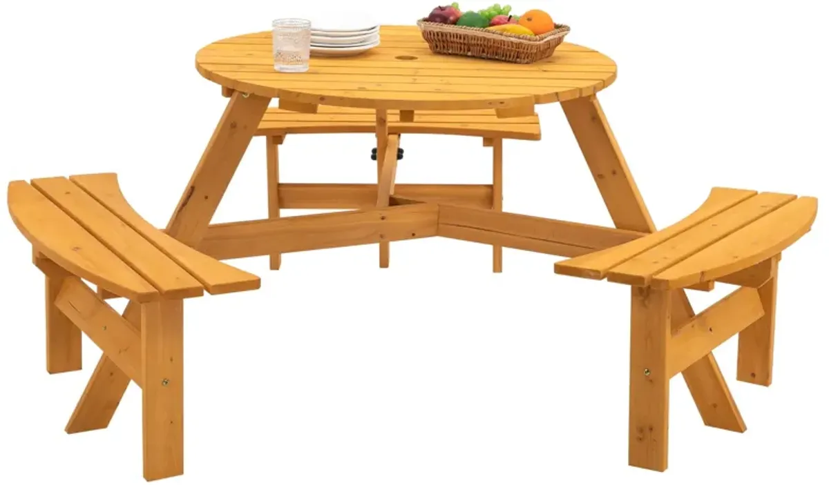 6 Person Circular Outdoor Wooden Picnic Table For Patio, Backyard, Garden, Diy With 3 Built-In Benches, 1720Lb Capacity