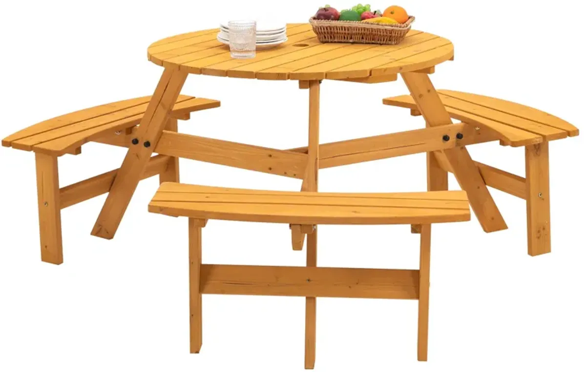 6 Person Circular Outdoor Wooden Picnic Table For Patio, Backyard, Garden, Diy With 3 Built-In Benches, 1720Lb Capacity