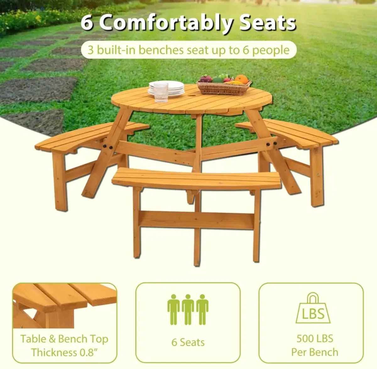 6 Person Circular Outdoor Wooden Picnic Table For Patio, Backyard, Garden, Diy With 3 Built-In Benches, 1720Lb Capacity