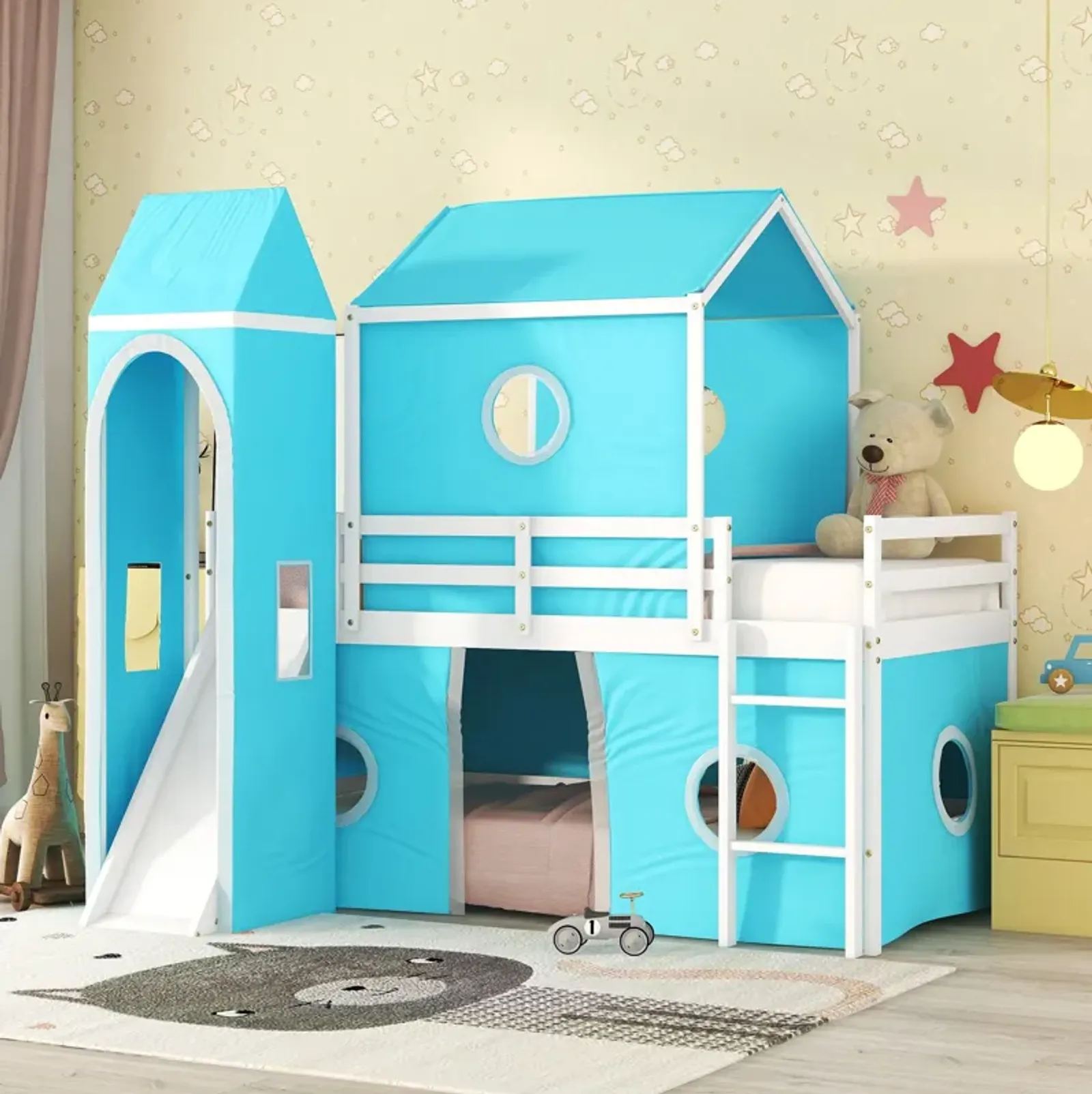 Loft Bed With Slide Tent And Tower