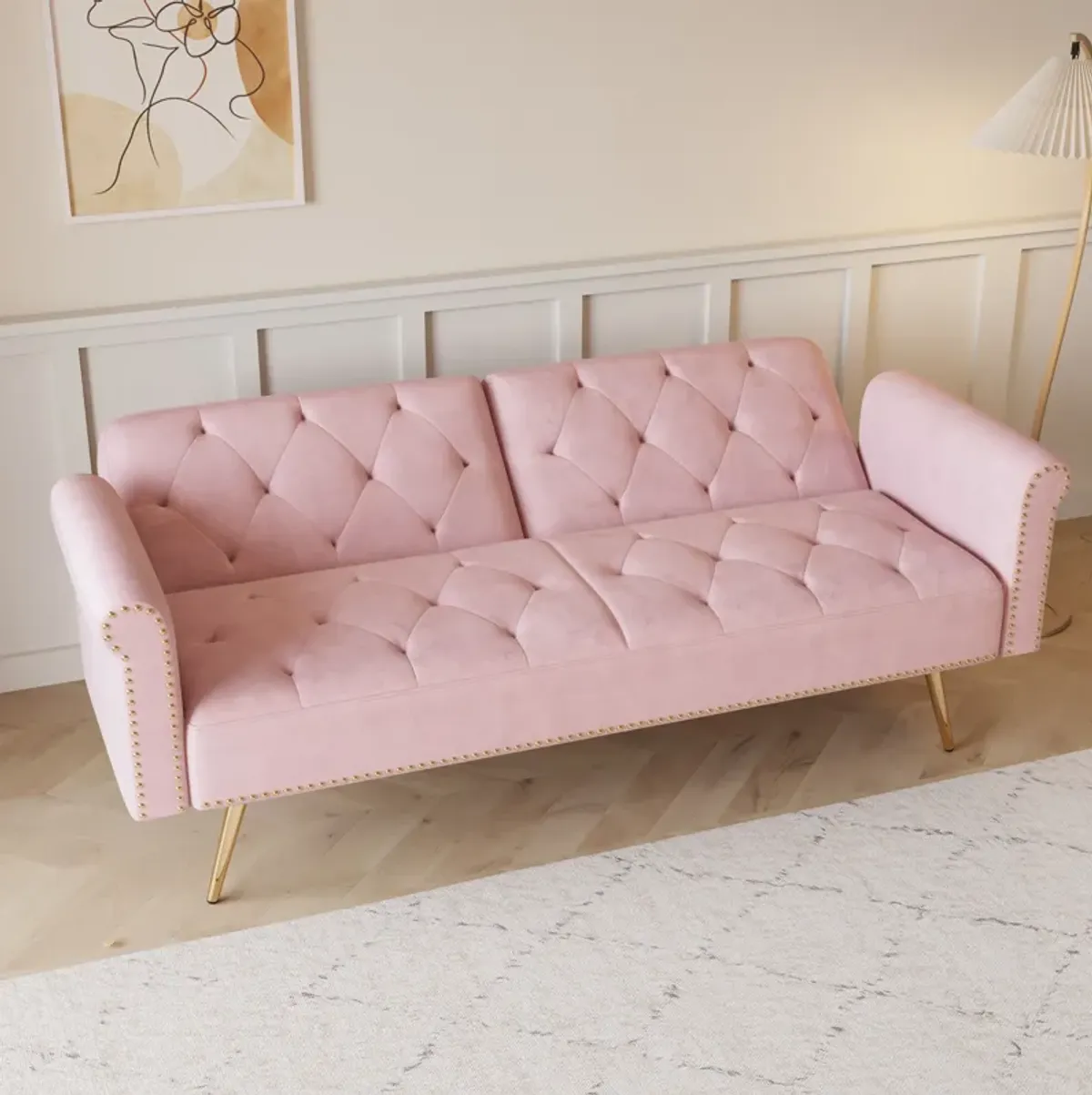 Velvet Nail Head Sofa Bed With Throw Pillow