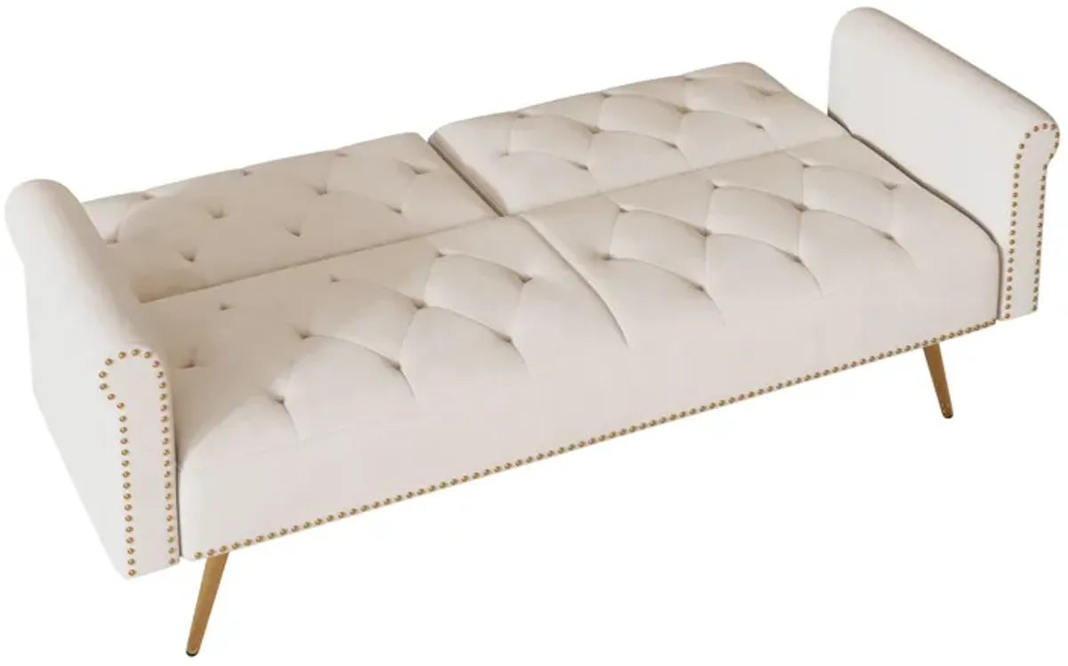 Velvet Nail Head Sofa Bed With Throw Pillow