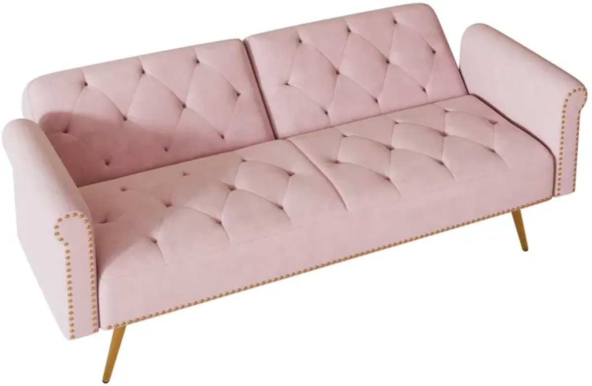 Velvet Nail Head Sofa Bed With Throw Pillow