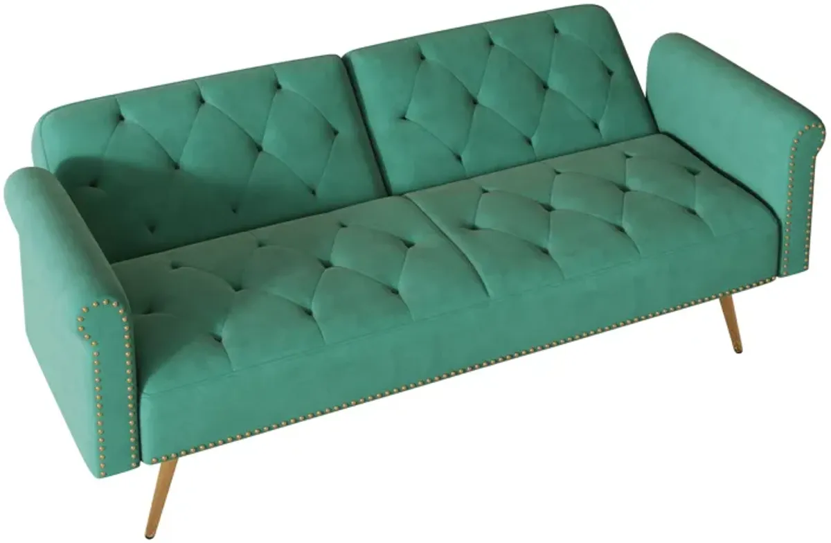 Velvet Nail Head Sofa Bed With Throw Pillow