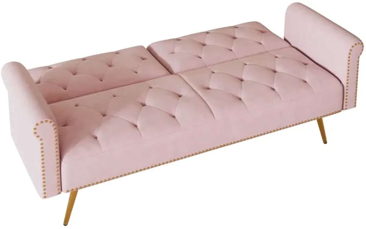 Velvet Nail Head Sofa Bed With Throw Pillow