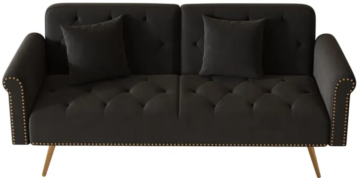 Velvet Nail Head Sofa Bed With Throw Pillow