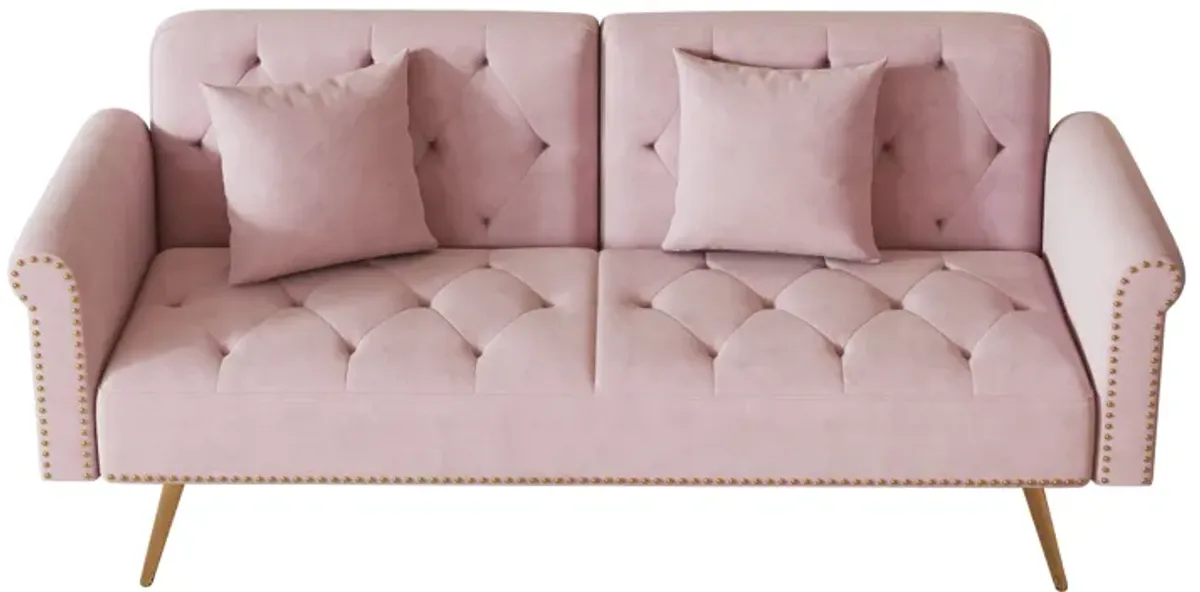 Velvet Nail Head Sofa Bed With Throw Pillow