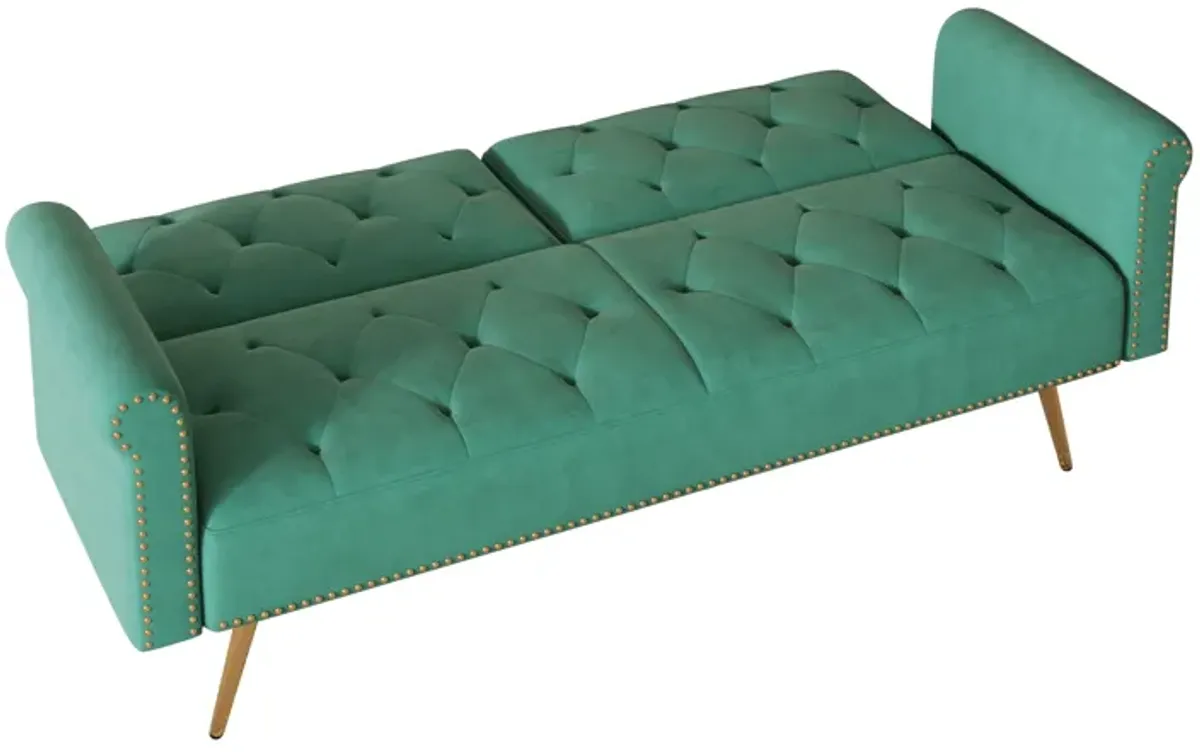 Velvet Nail Head Sofa Bed With Throw Pillow