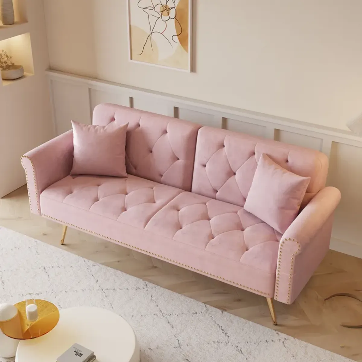 Velvet Nail Head Sofa Bed With Throw Pillow