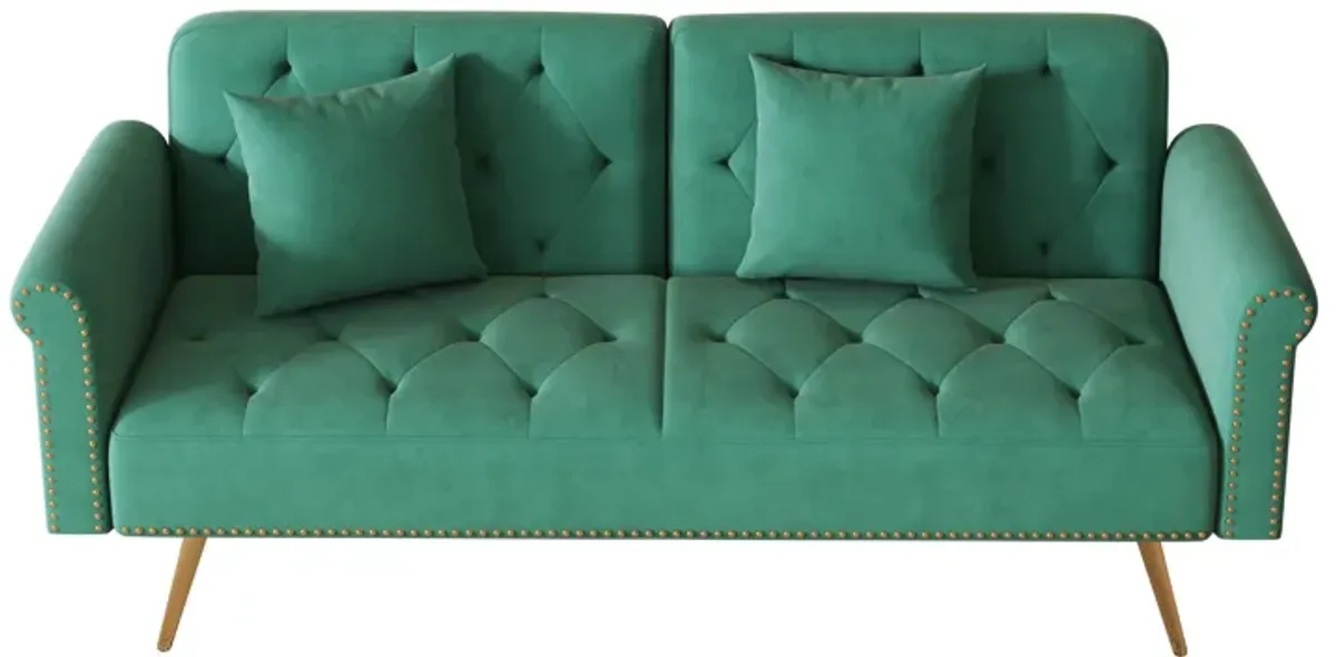 Velvet Nail Head Sofa Bed With Throw Pillow