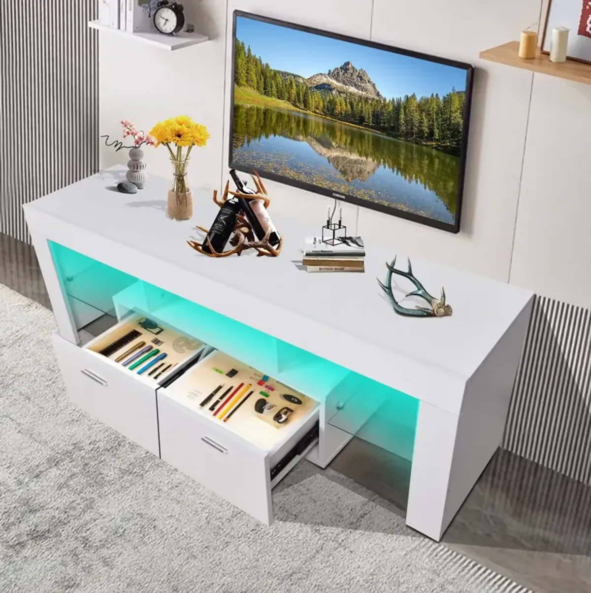 LED TV Stand Modern TV Stand With Storage Entertainment Center With Drawer TV Cabinet For Up To 75" For Gaming Living Room Bedroom