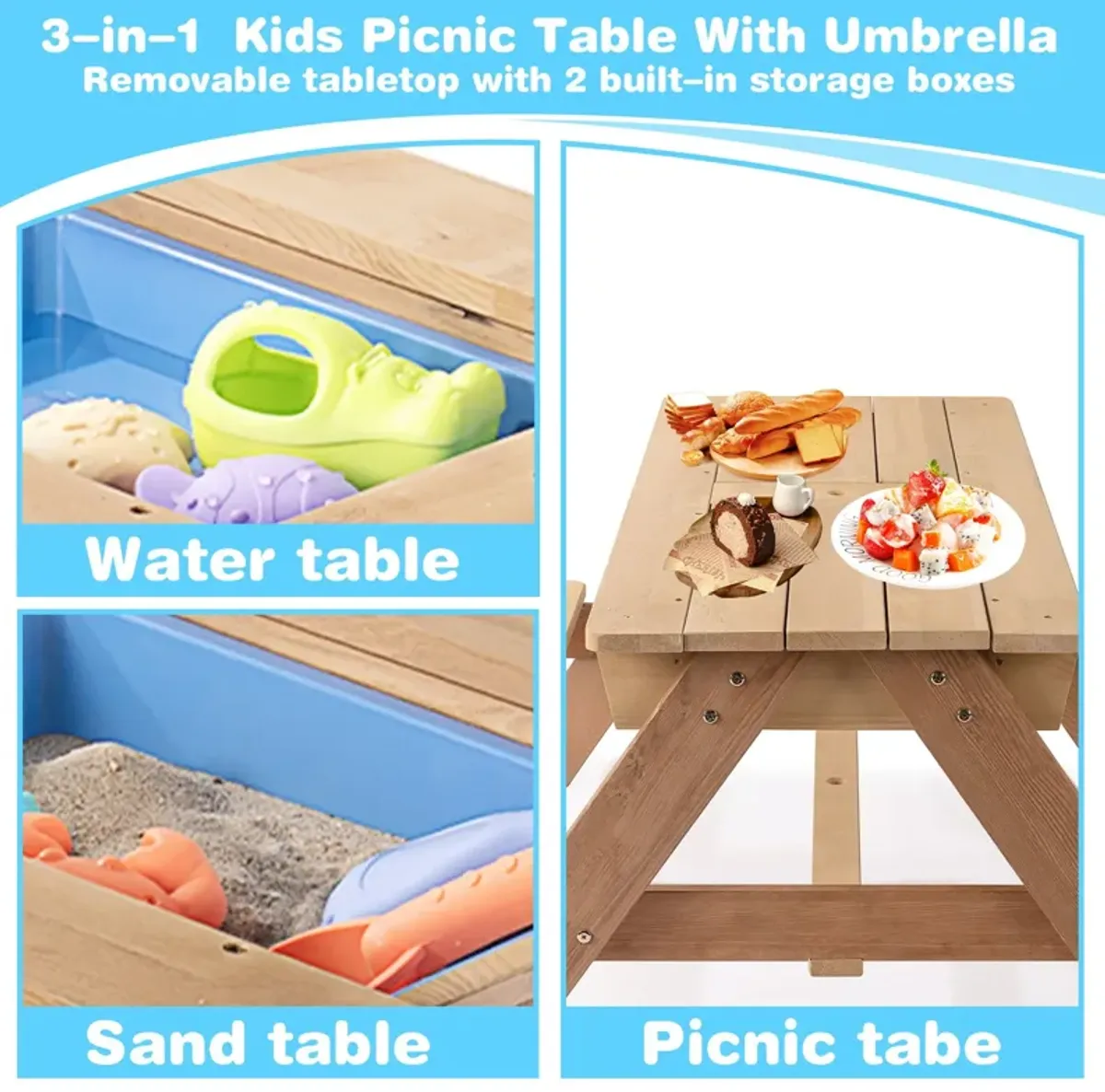 3-In-1 Kids Outdoor Wooden Picnic Table With Umbrella, Convertible Sand & Water, ASTM & CPSIA Certification