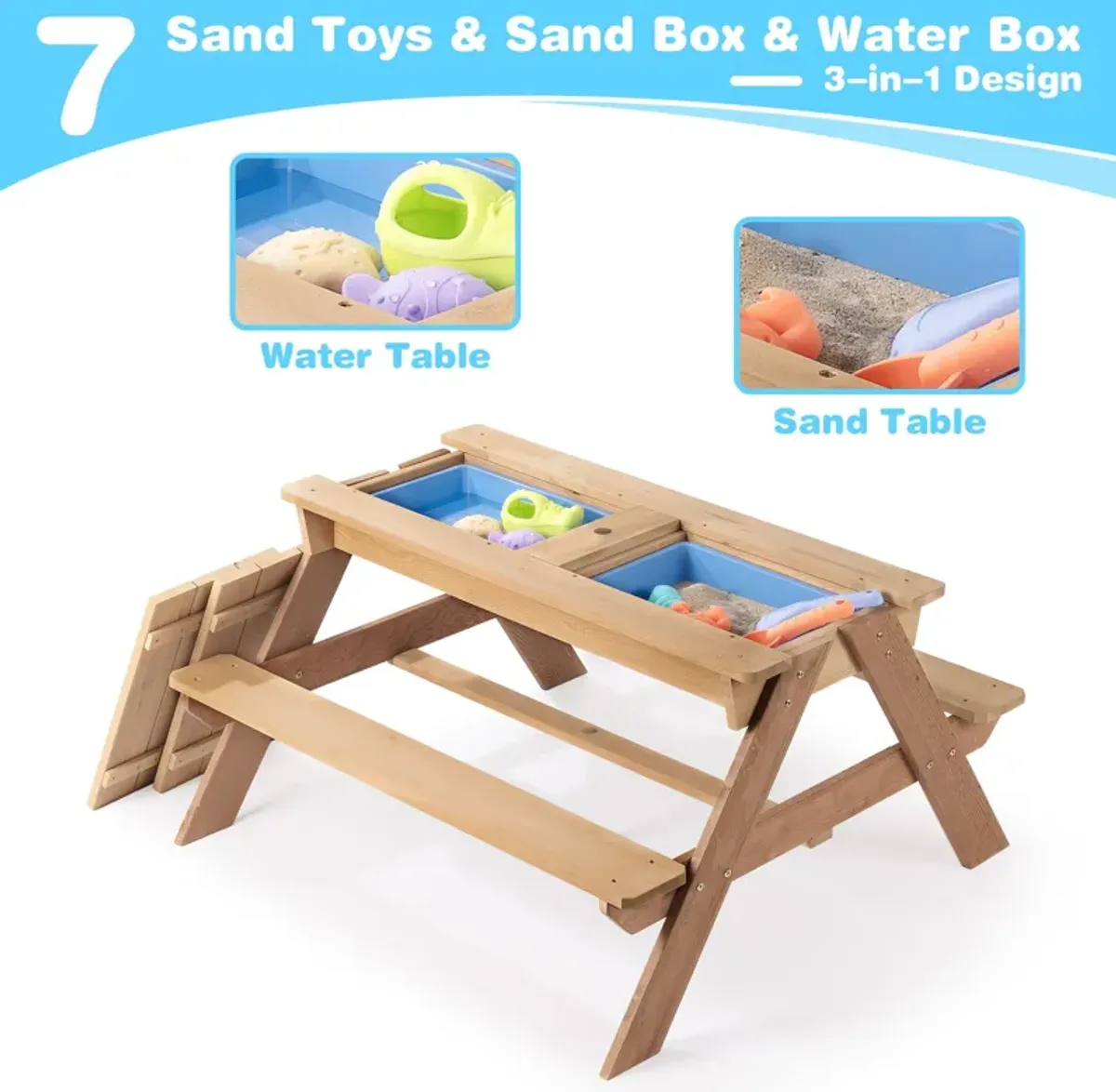 3-In-1 Kids Outdoor Wooden Picnic Table With Umbrella, Convertible Sand & Water, ASTM & CPSIA Certification