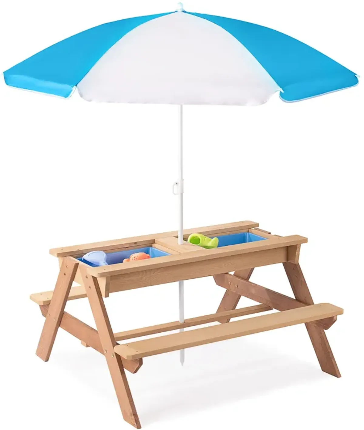 3-In-1 Kids Outdoor Wooden Picnic Table With Umbrella, Convertible Sand & Water, ASTM & CPSIA Certification