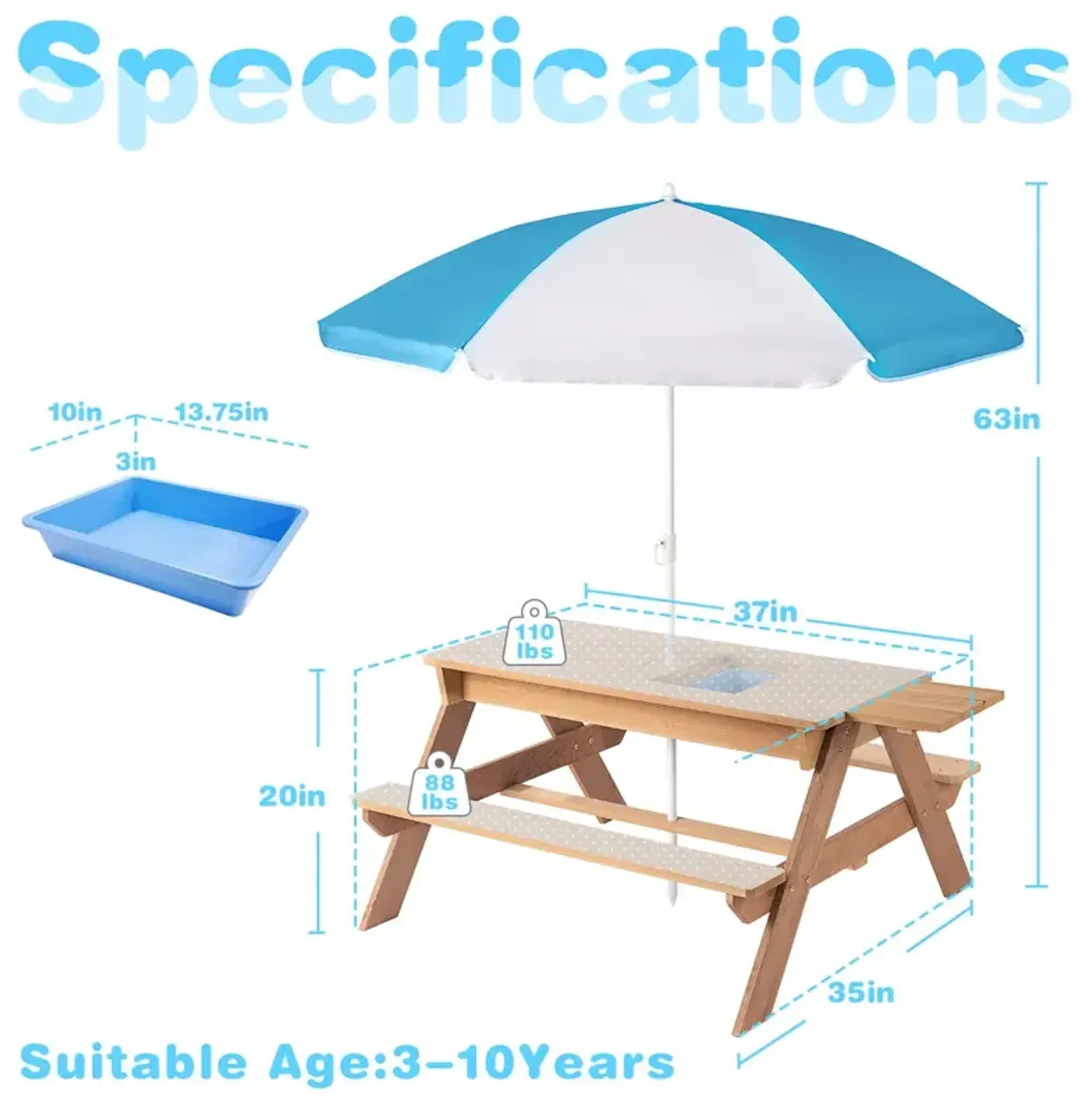 3-In-1 Kids Outdoor Wooden Picnic Table With Umbrella, Convertible Sand & Water, ASTM & CPSIA Certification