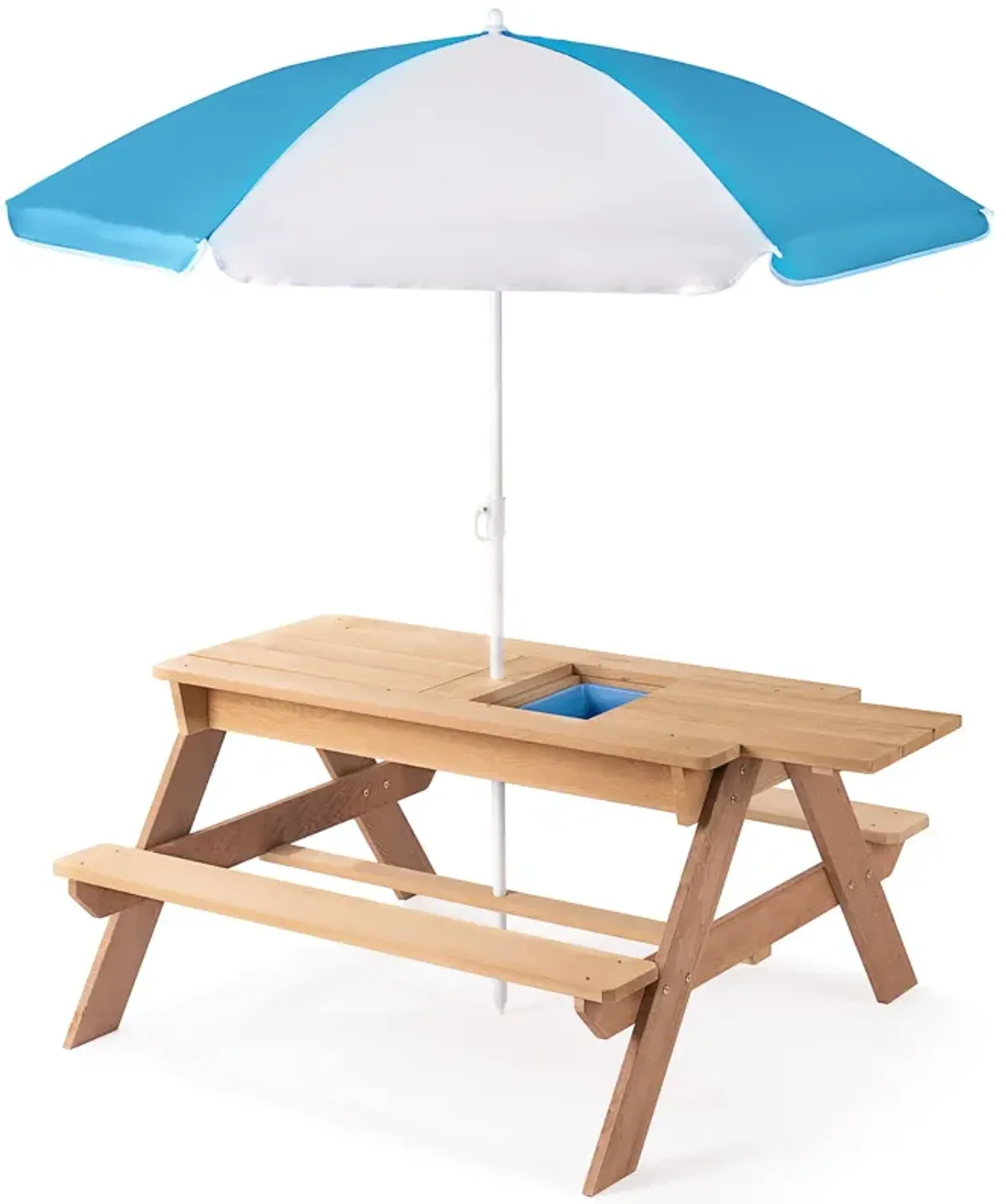 3-In-1 Kids Outdoor Wooden Picnic Table With Umbrella, Convertible Sand & Water, ASTM & CPSIA Certification