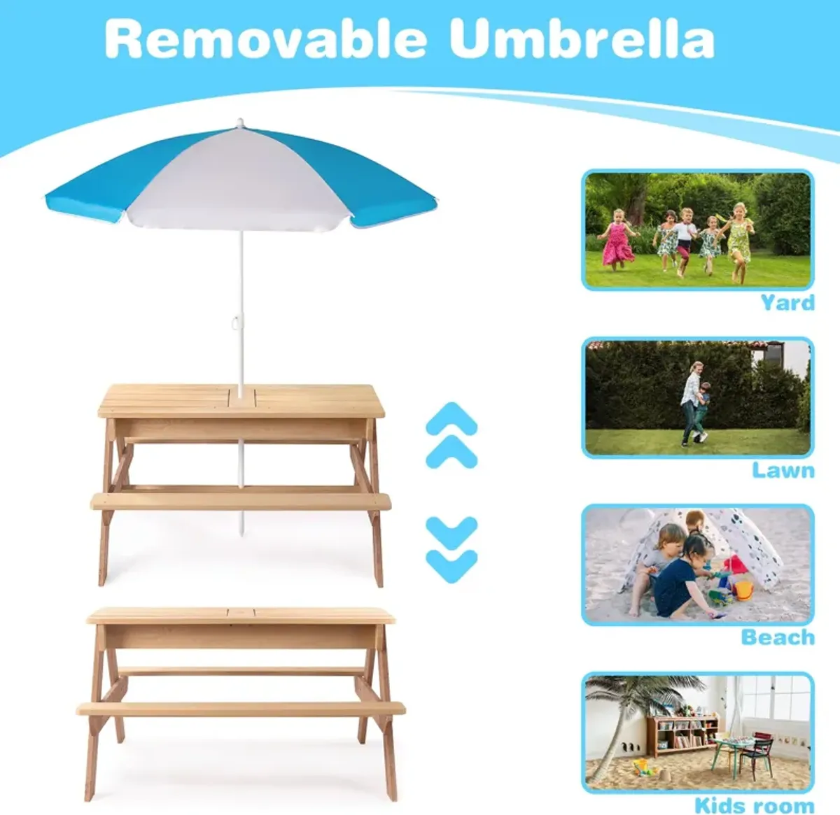 3-In-1 Kids Outdoor Wooden Picnic Table With Umbrella, Convertible Sand & Water, ASTM & CPSIA Certification