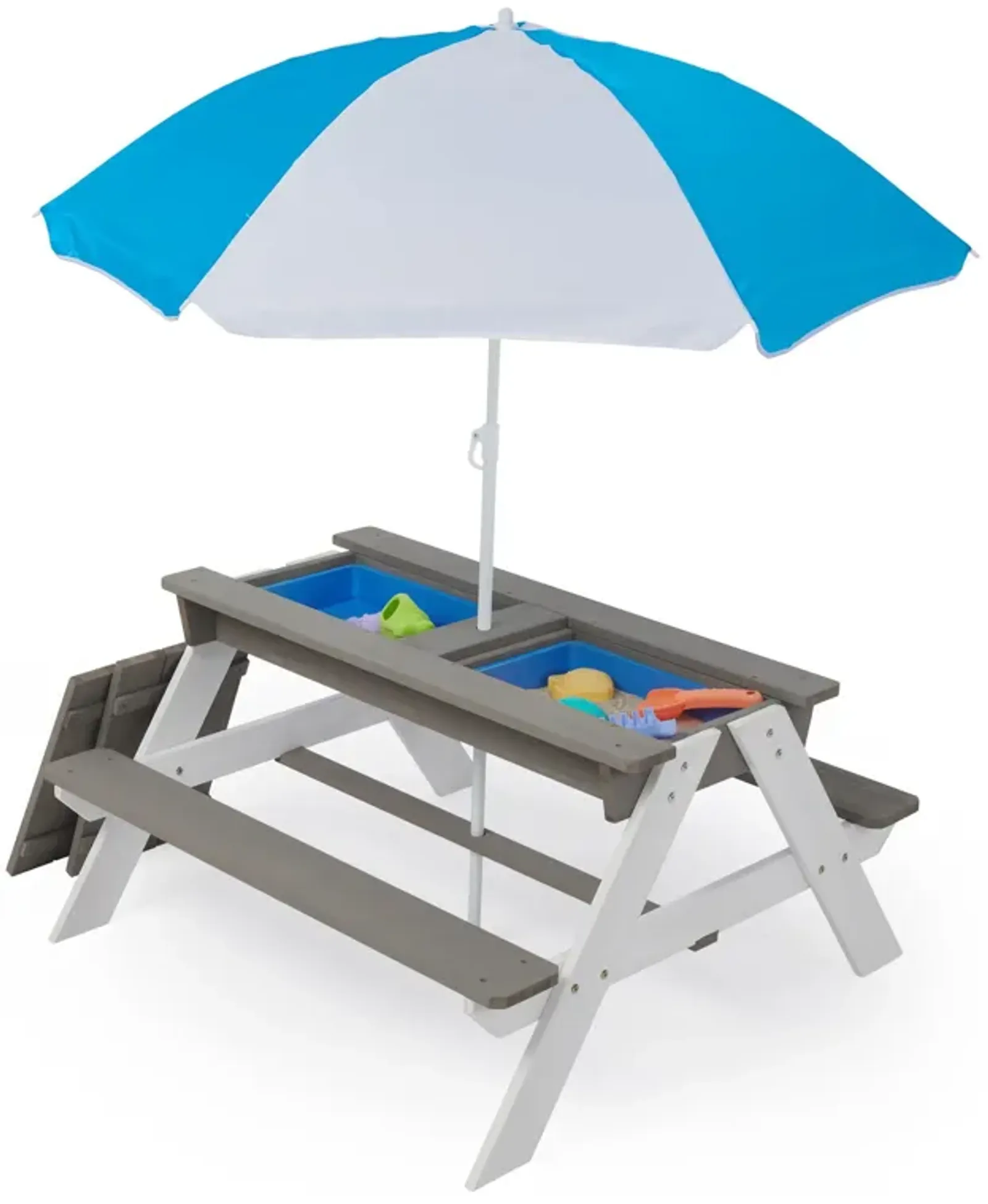 3-In-1 Kids Outdoor Wooden Picnic Table With Umbrella, Convertible Sand & Water, ASTM & CPSIA Certification