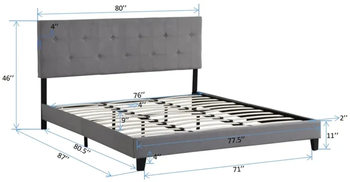 King Size Upholstered Platform Bed Frame With Button Tufted Linen Fabric Headboard, No Box Spring Needed, Wood Slat Support