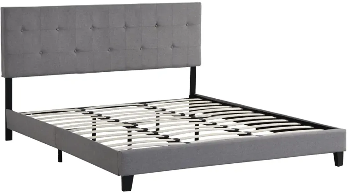 King Size Upholstered Platform Bed Frame With Button Tufted Linen Fabric Headboard, No Box Spring Needed, Wood Slat Support