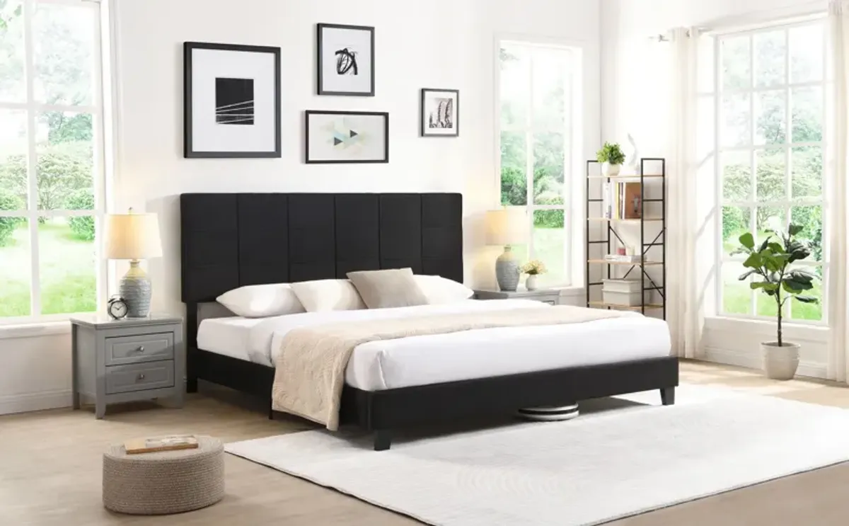 King Size Upholstered Platform Bed Frame With Button Tufted Linen Fabric Headboard, No Box Spring Needed, Wood Slat Support